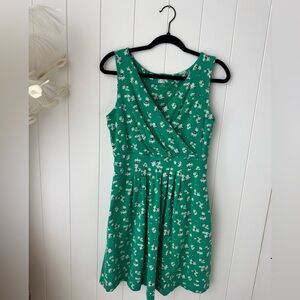 Lands' End Green Floral Pull Over Dress Medium Petite Sleeveless Pockets